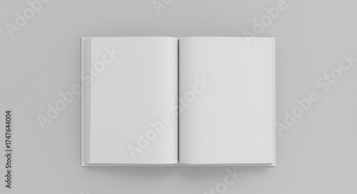 Top-down mockup of an open, blank white book with facing pages on a minimalist light grey background