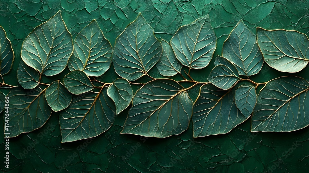 Fototapeta premium Stylized leaves with golden veining create an elegant, dense pattern against an emerald-green textured backdrop. Ideal for backgrounds or design elements. Abstract Background Trend