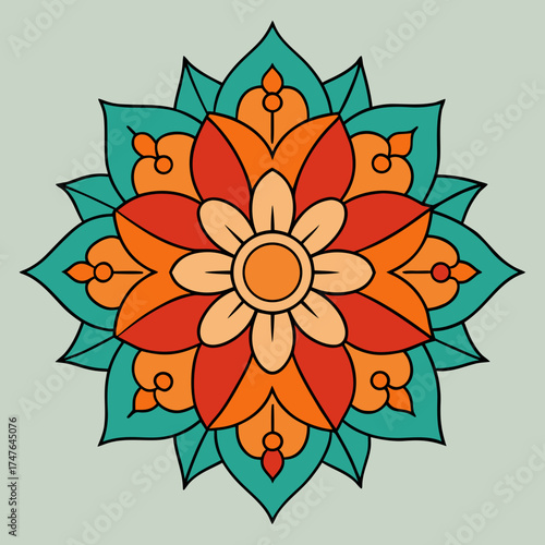 Geometric mandala design with vibrant orange red and teal floral patterns on a pale background