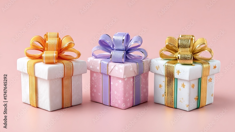Obraz premium Festive gift boxes trio with colorful satin bows and ribbons on bright pink background minimal flat lay present set for birthday wedding and holiday designs with copy space for cards banners