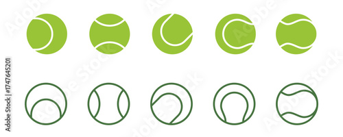 A vector icon set of tennis and padel balls, showcasing both filled and outline styles for sports design.