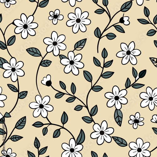 Seamless pattern of delicate white daisy flowers and green leaves on a soft beige background