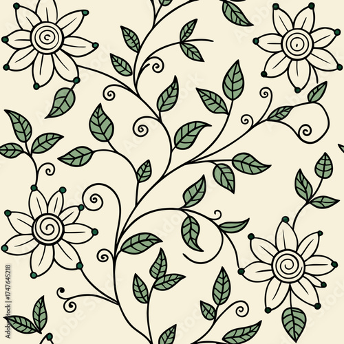 Seamless pattern of delicate white flowers and green leaves on a cream background with swirling vines