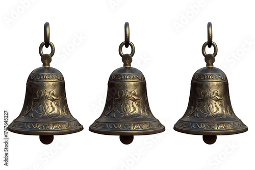 Three decorative bells isolated on a transparent background suitable for various design projects and festive occasions