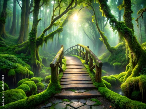 Wooden bridge in a green forest