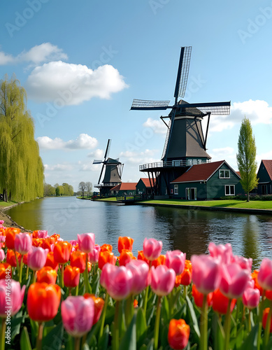 Scenic view of Dutch windmills and vibrant tulips on a sunny day.