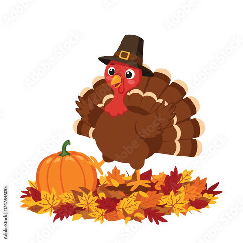 A cute 2D flat vector illustration shows a joyful turkey wearing a festive Thanksgiving hat, merrily playing in a pile of vibrant autumn leaves with a pumpkin nearby on a clean white background.