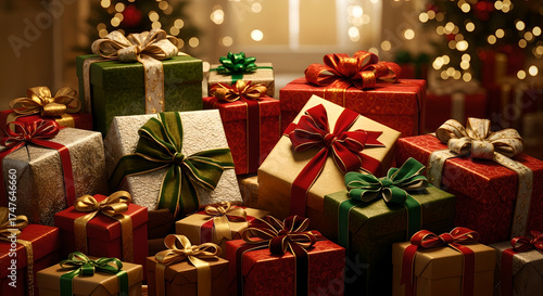 Vibrant Stack of Christmas Gifts and Presents with Fairy Lights Background