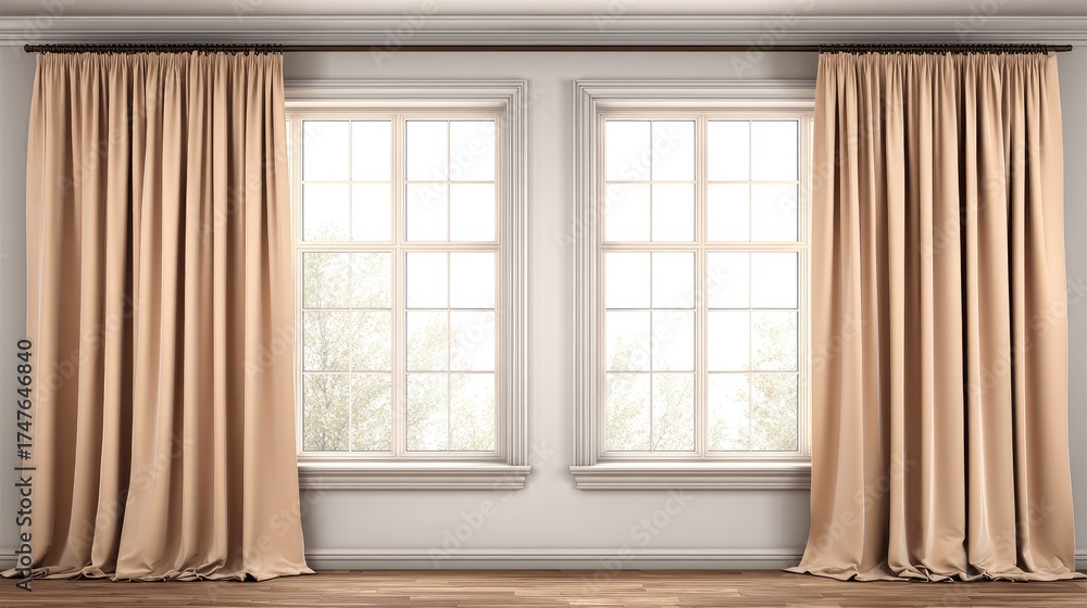 Fototapeta premium Beige window curtains in a classic room.