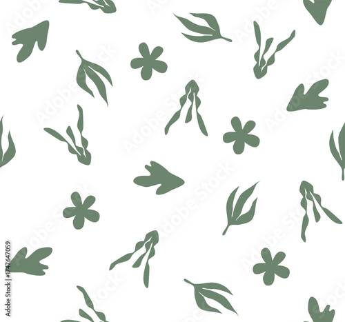 Seamless pattern with leaves and flowers in a solid, muted green color on a white background.