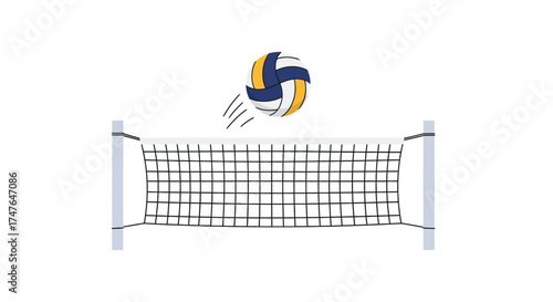 Volleyball soaring over net ready for a powerful spike on the court