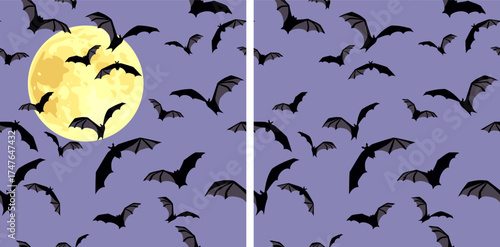 Halloween seamless patterns with black flying bats in a purple sky background. Two compatible patterns with and without the moon. Vector season prints
