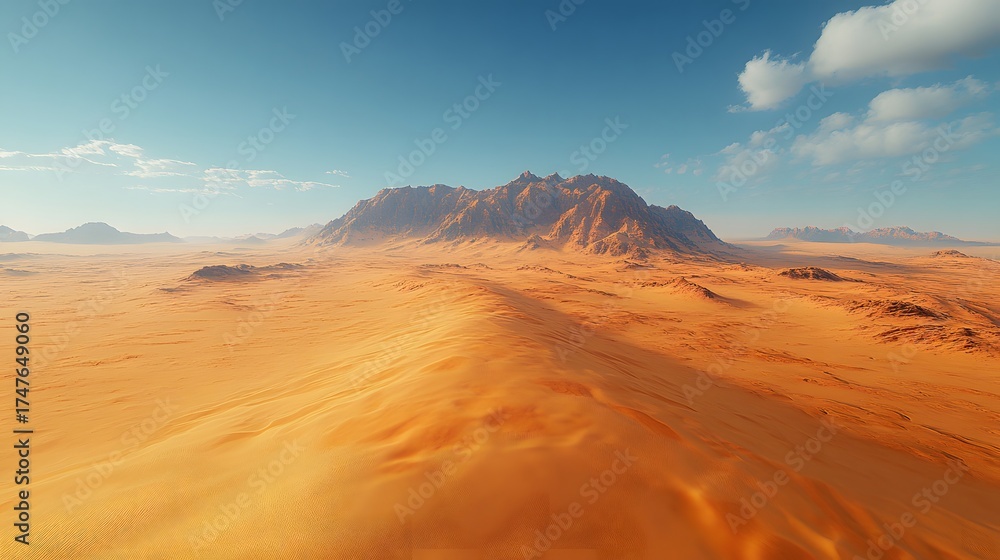 Fototapeta premium Vast desert landscape featuring undulating orange sand dunes under a clear blue sky with distant brown mountains, capturing the serene beauty of nature. Abstract Background Trend