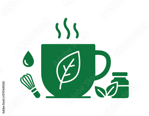 Green tea glyph icon. Superfood. Organic, healthy, and energizing food for balanced nutrition. Detox and weight loss supplements. Vegetarian food. Filled flat sign. Isolated silhouette vector