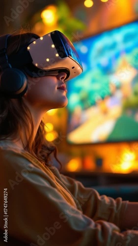 Woman in virtual reality headset experiencing immersive technology