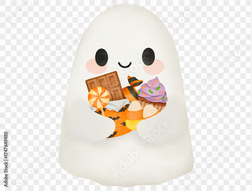 Cute ghost holding Halloween candy watercolor illustration Vector.
