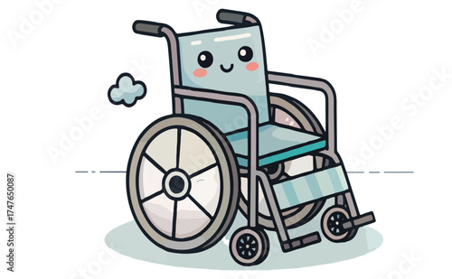 Adorable wheelchair illustration for inclusive designs, healthcare accessibility, and children's hospital branding, radiating care and accessibility
