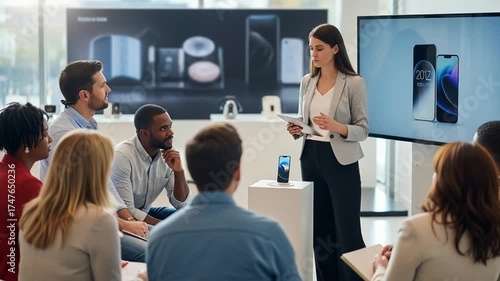 Giving Presentation to Group of People in Bright Modern Space