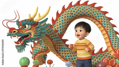 Animated Boy Standing Beside Colorful Chinese Dragon, Decorative Flowers and Ornaments Visible
