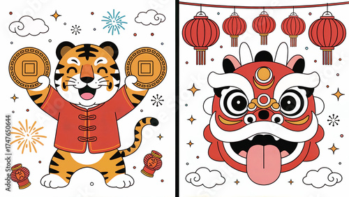 Cartoon Tiger Holding Coins Lion Dance Head with Lanterns for Chinese New Year