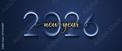 Typography Happy New Year 2026. Shiny gold color and realistic embossed effect.
