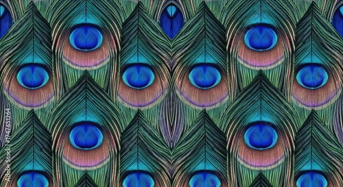 Seamless repeating pattern of vibrant peacock feather eyes, emerald green and blue hues, creating a decorative and textured design for backgrounds and textiles