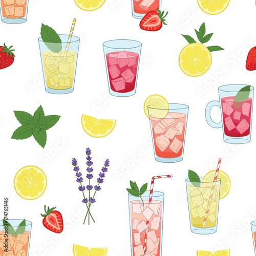 Refreshing summer drinks with fresh fruits and herbs in a seamless pattern design.
