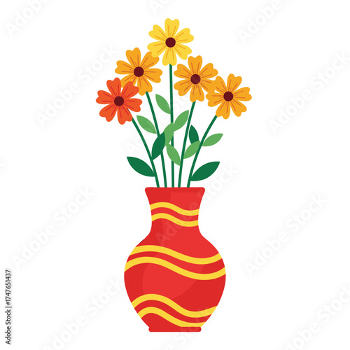 A colorful vase filled with vibrant flowers on a white background.