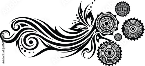 Abstract black and white design, swirling floral waves, ornamental gears, tattoo style, organic mechanical fusion