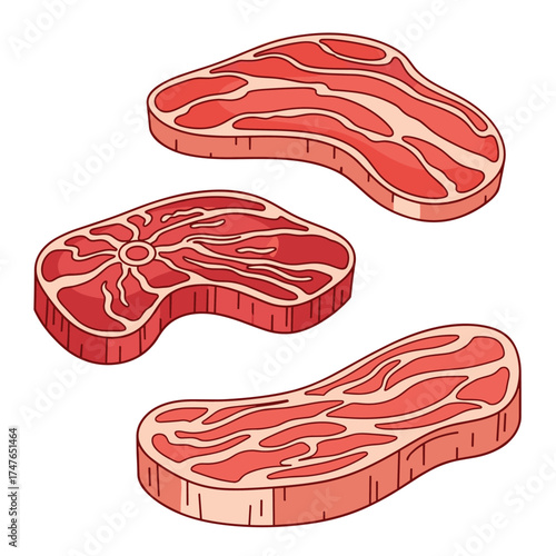Raw slices of marbled beef for cooking and grilling meals.