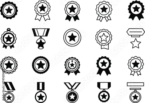 Award icons, medal symbols, achievement badges, recognition graphics, black and white vector, success, trophy, honor