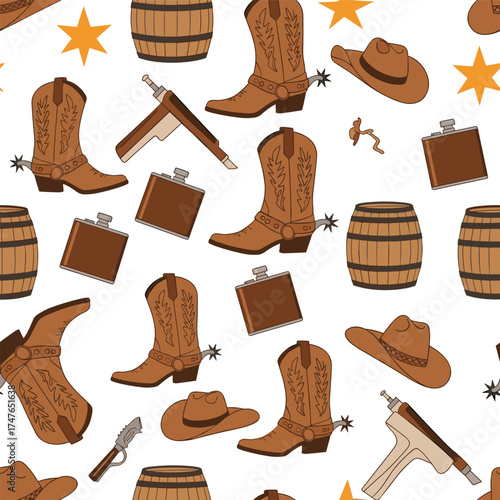 A western-themed pattern featuring cowboy boots barrels hats and flasks.