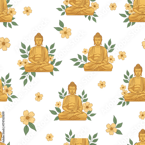 Golden Buddha statues surrounded by delicate yellow flowers and green leaves seamless pattern.