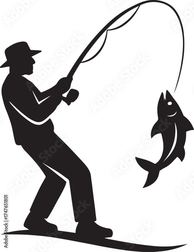 Fisherman Catching Fish Silhouette Black Vector Logo for Fishing Clubs Outdoor Gear Angler Sports and Seafood Restaurants