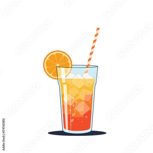 A tall refreshing glass filled with a layered orange and red drink and ice cubes with a straw and orange slice on the side.