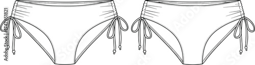 Bikini bottom technical sketch, side tie swimwear, ruched detail, fashion flat, cad drawing flat vector illustration, garment design, beachwear outline