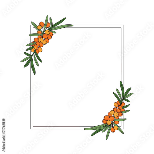 A delicate floral border framing an empty space adorned with clusters of vibrant sea buckthorn berries and green leaves.