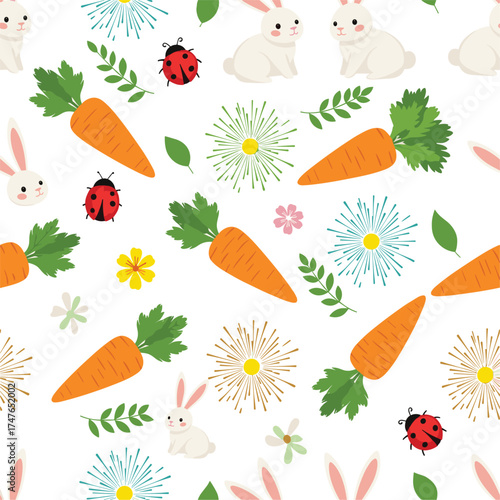 Cute bunnies carrots ladybugs and flowers seamless pattern for easter celebration.