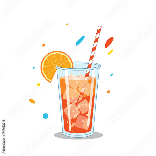 A tall glass of cold orange juice with ice and a straw.