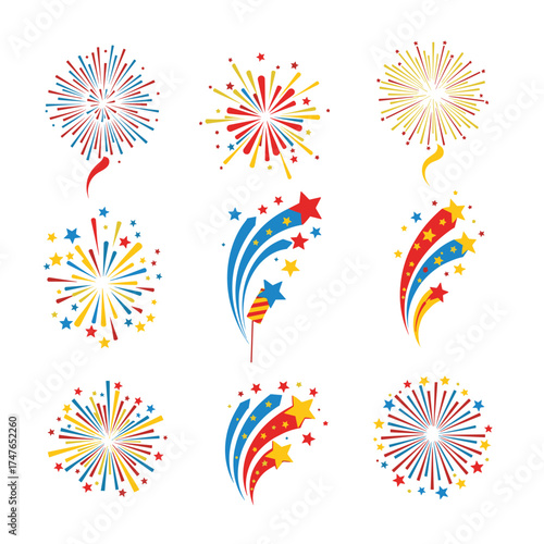 A collection of colorful abstract bursts of fireworks and shooting stars.