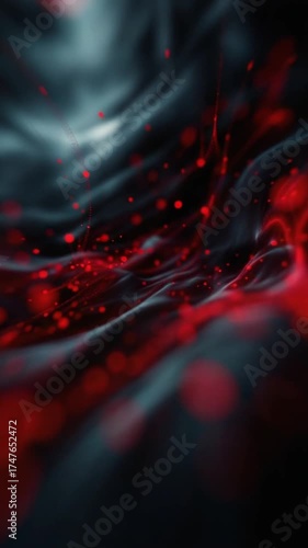 Abstract red and black digital art with flowing forms and particles