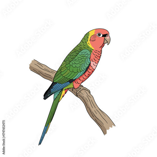 A colorful parrot with a bright head perched on a tree branch.