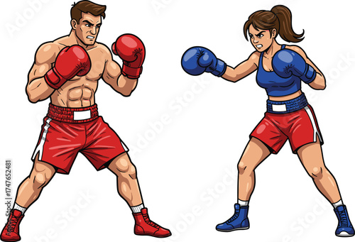 Boxing illustration, male boxer, female fighter, red gloves, blue gloves, cartoon style, match, white background