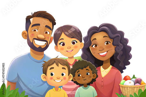 Happy multicultural family enjoying picnic in sunny park, parents and children smiling together