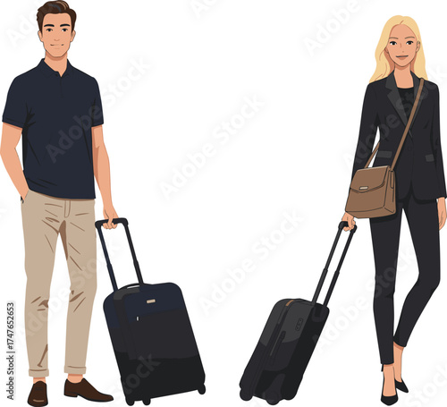 Business travelers with rolling suitcases, airport commute, professional attire, travel gear, urban journey, luggage, departure scene