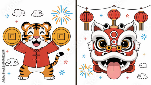 Chinese New Year Illustration Tiger Holding Coins Lion Dance with Lanterns, Festive Icons