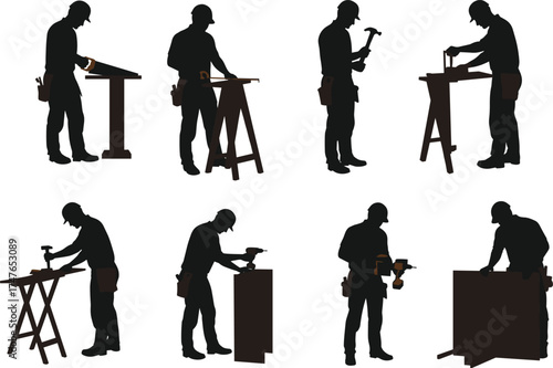 Carpenter silhouettes, woodworking tools, power drill, hammer, measuring, black figures, manual labor, white background, construction pose