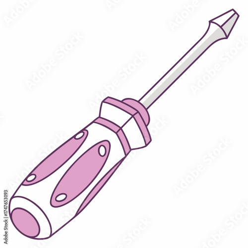 Pink and white illustration of a screwdriver isolated on a solid background