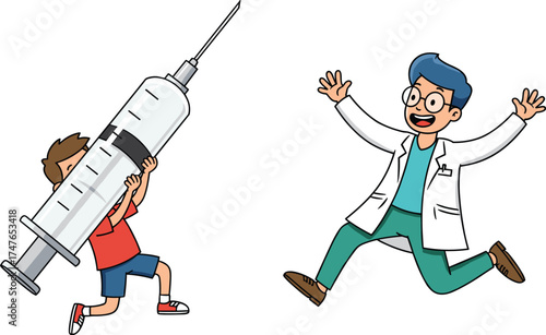 Cartoon child with giant syringe, surprised scientist, medical humor, vaccination concept, playful healthcare illustration