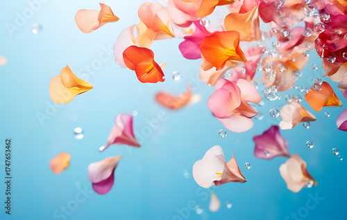 Delicate petals dance on the surface of the water, capturing a moment of ephemeral beauty. The light playfully interacts with the vibrant colors of the floating flora.